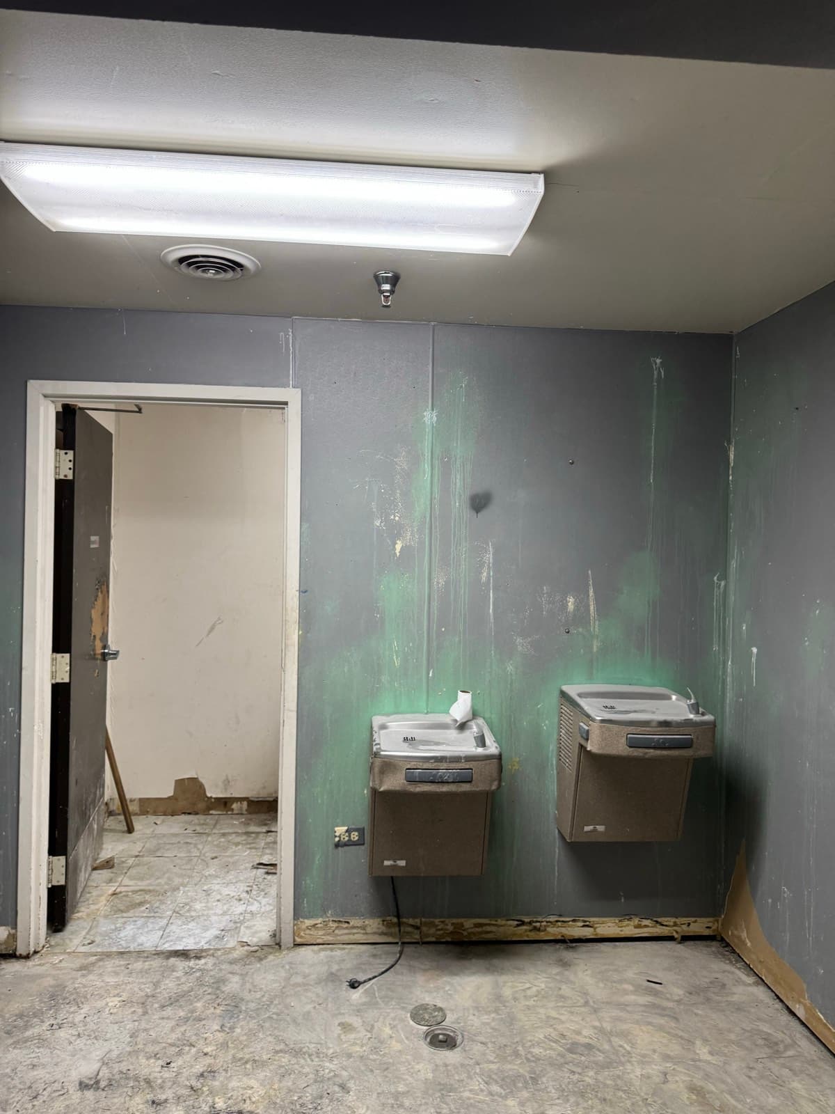 Gutted break room prepped for rebuild